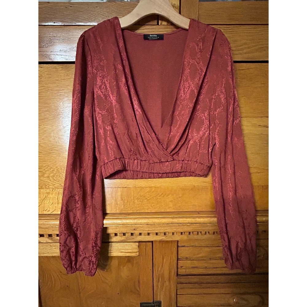 Boho Chic Festival Red Snakeskin Jacquard Crop Going Out Top Long Sleeve Fall M